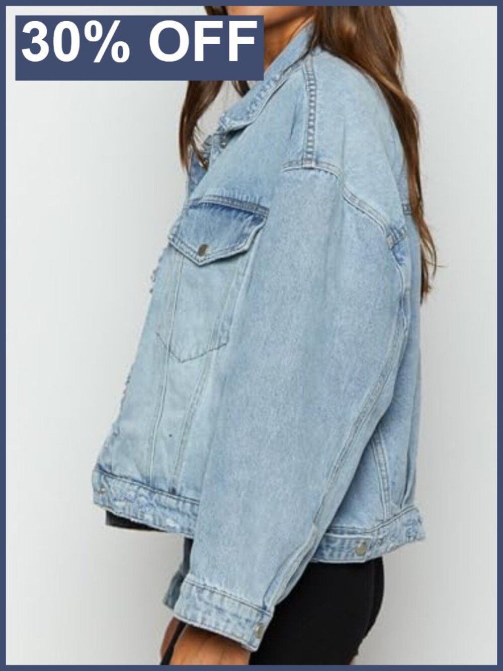 Oversized Distressed Denim Jacket Collared Button Down - Picture 4 of 5